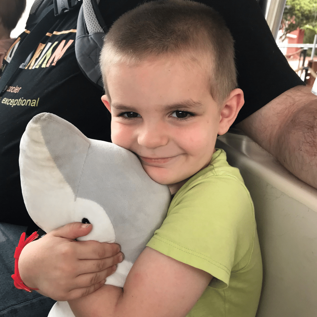 young boy hugging a dolphin toy